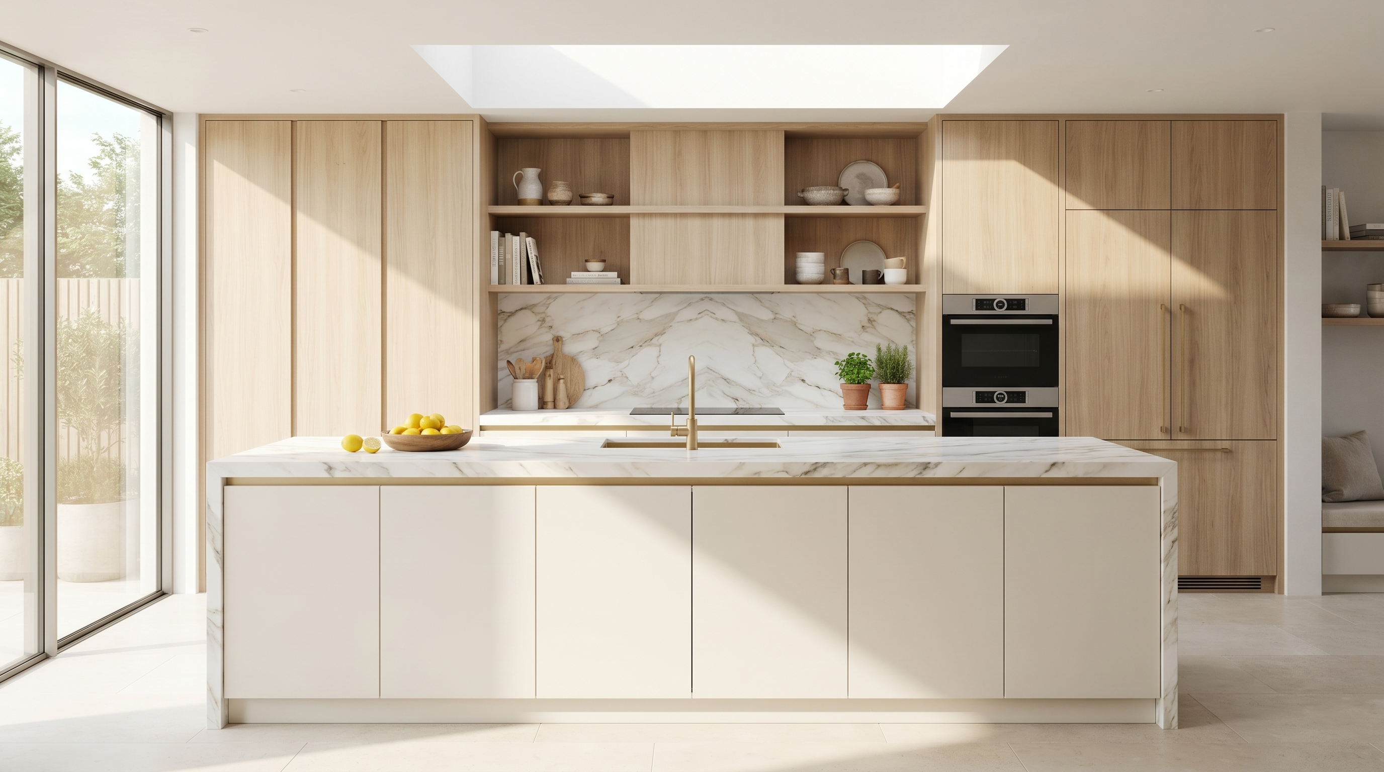 Cocina Idea Italia en blanco con isla de mármol, estantería de roble y herrajes de latón